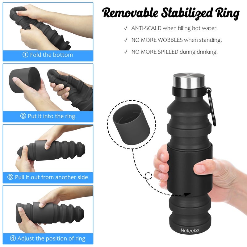 Nefeeko Collapsible Water Bottle, 18floz Reuseable BPA Free Silicone Foldable Bottles for Travel Gym Camping Hiking, Portable Leak Proof Sports Water Bottle with Carabiner - Image 5